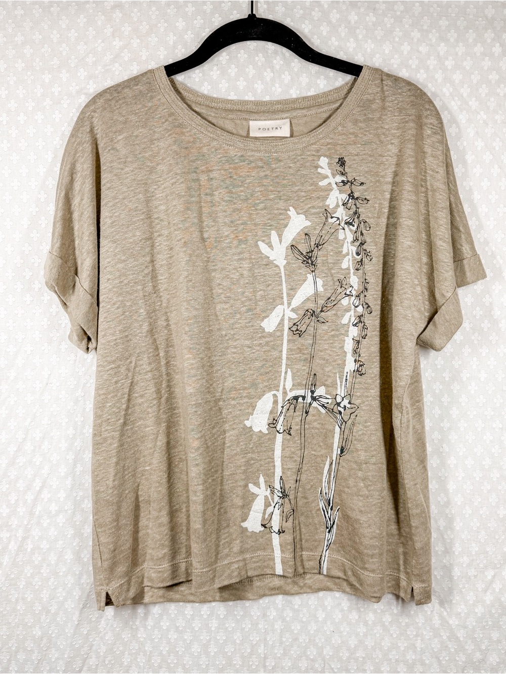 Poetry Green White Floral Print Linen Short Sleeve Top
